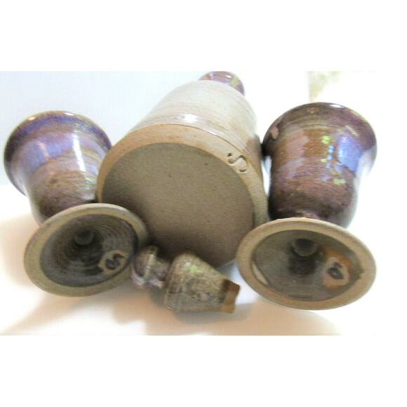 Studio Pottery WINE GOBLETS & DECANTER PITCHER + STOPPER Purple Gray - Picture 5 of 8